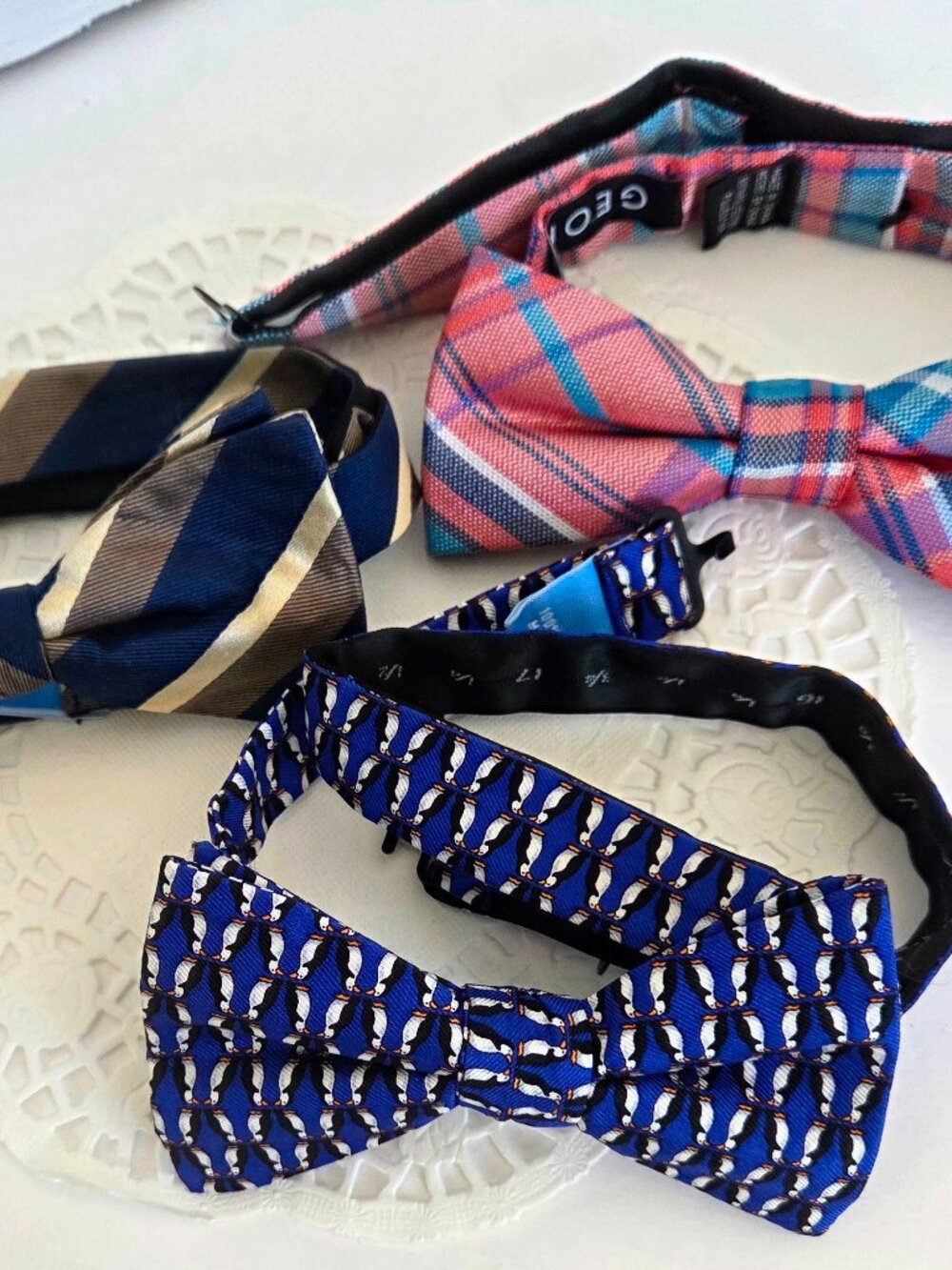 Lot of three Bow Ties penguin, stripe, and pastel